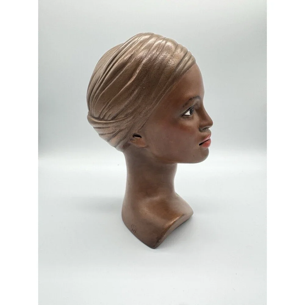 Vintage 70s Gils Studio Ceramic African American Woman Bust Head Wrap MCM Statue